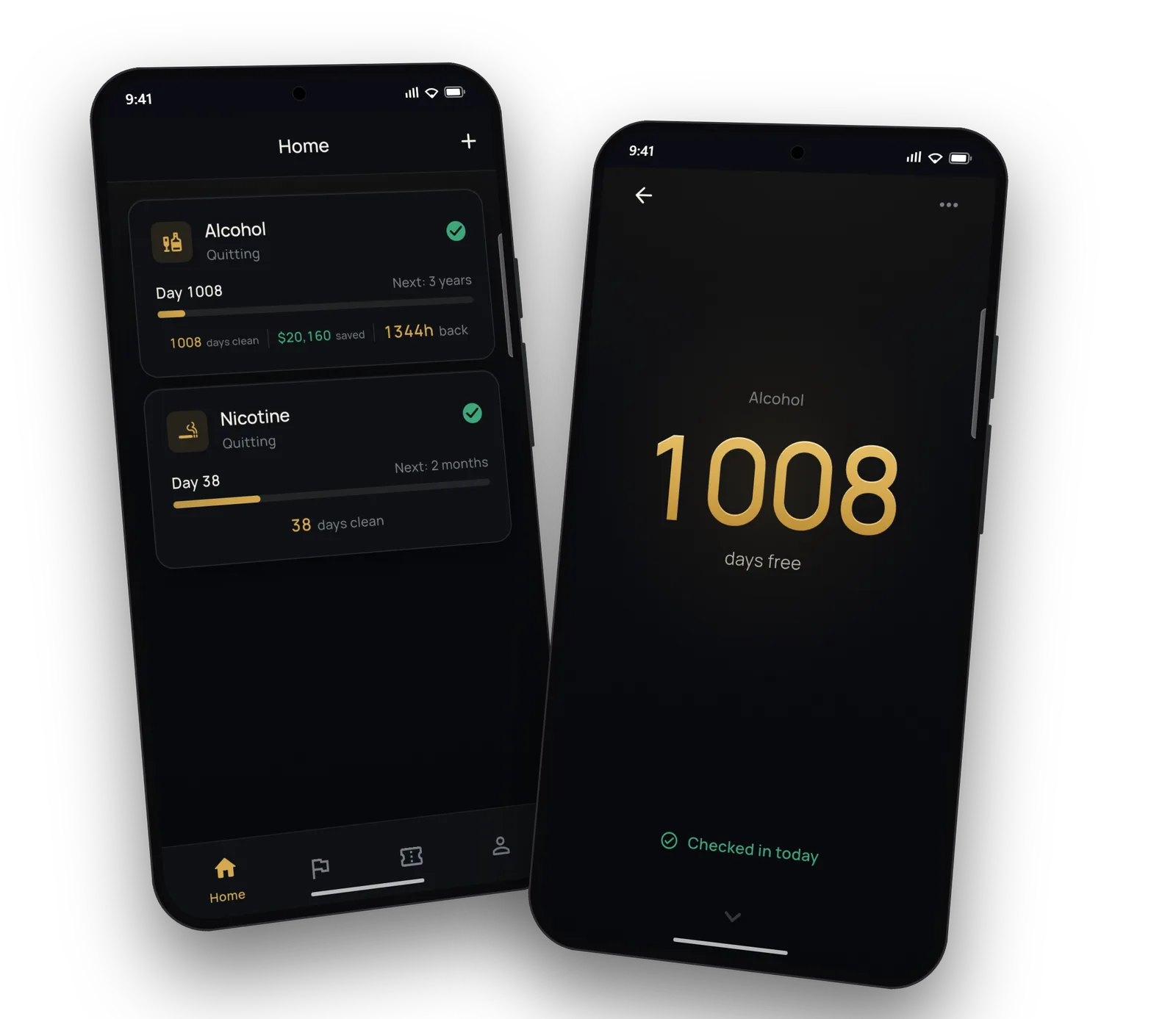 Two phones running ADDIX: habit cards with day counts and progress bars, and a counter reading 1008 days free.